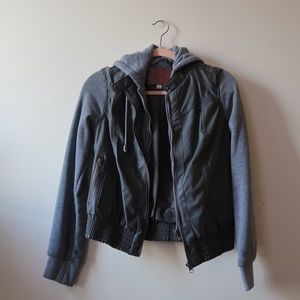 GREY HOODED LEATHER & COTTON SLEEVE JACKET  SIZE L